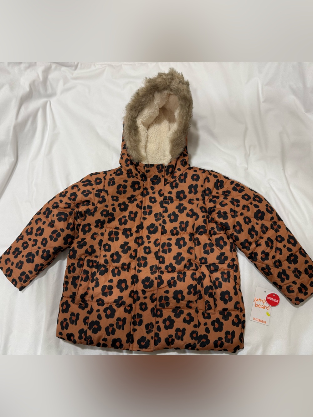 🆕 jumping beans toddler Brown Leopard Print Puffer Jacket with Faux Fur Hood